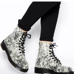 Dr. Martens Black and Grey Skull & Rose Canvas Boot